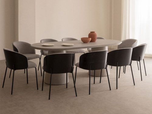 Noemi cementinis ovalus stalo komplektas 220x95 cm ir 10vnt Amieva valgomojo kėdžių