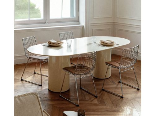 Ovalus valgomojo stalas Asgri 220x110 cm, pagamintas iš grūdinto stiklo ir MDF plokštės