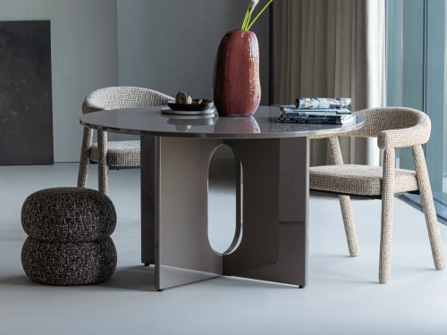 MARVO valgomojo stalas Ø130 cm, MDF, blizgus, mokos rudos spalvos