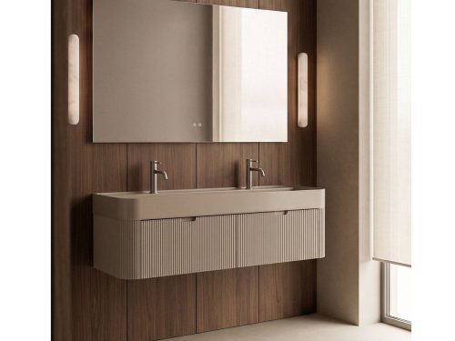 Saioa pakabinamas vonios baldas su integruotu praustuvu 130×45 cm – šviesiai smėlio ruda