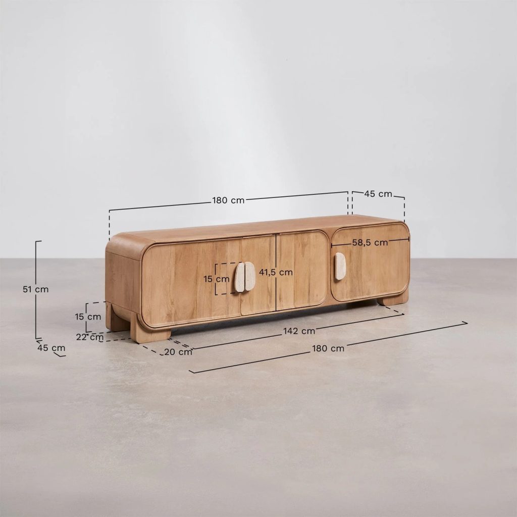 Produkto TV spintelė KIVALINA | 180×45 cm, mango mediena, travertinas matmenys