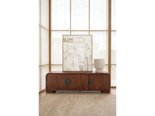 TV spintelė KIVALINA | 180×45 cm, tamsi mango mediena, travertinas