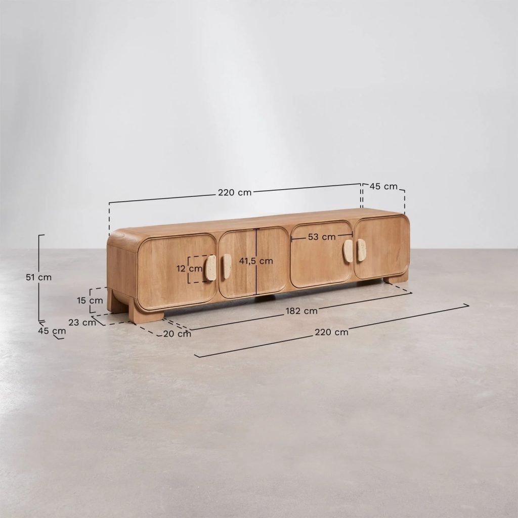 Produkto TV spintelė KIVALINA | 220×45 cm, mango mediena, travertinas matmenys